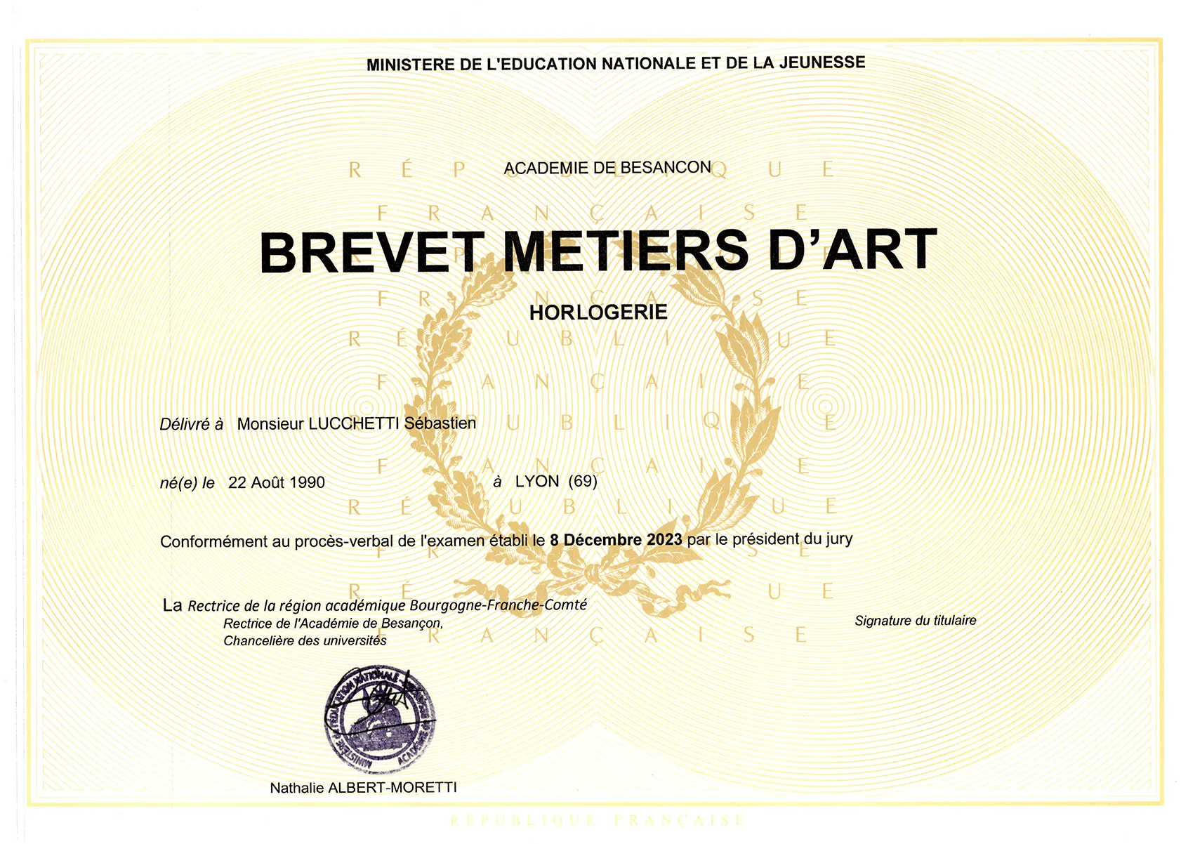 Diplôme du Brevet des Métiers d'Art en Horlogerie de Mr Lucchetti