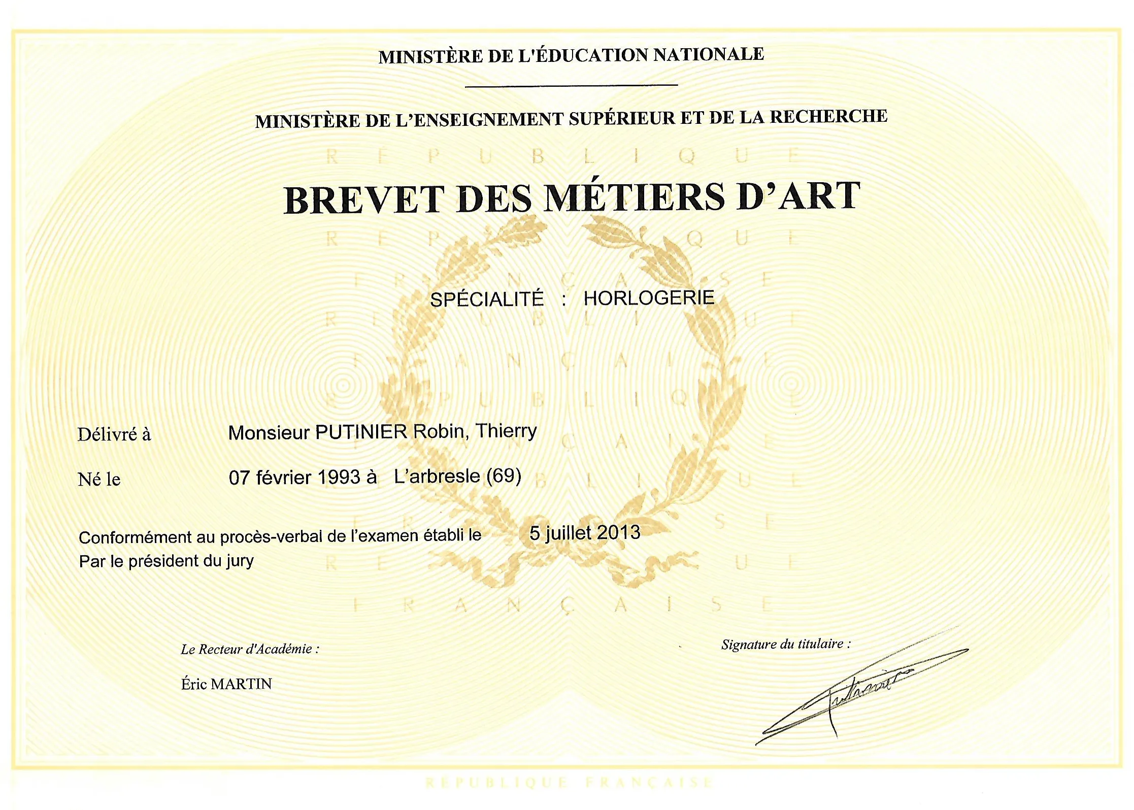 Diplôme du Brevet des Métiers d'Art en Horlogerie de Mr Putinier