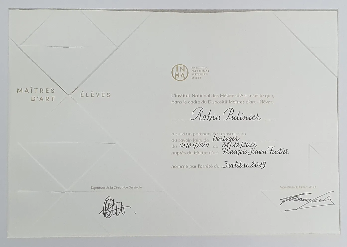 Diplôme d'ancien élève de Maitre d'Art en Horlogerie de Mr Putinier